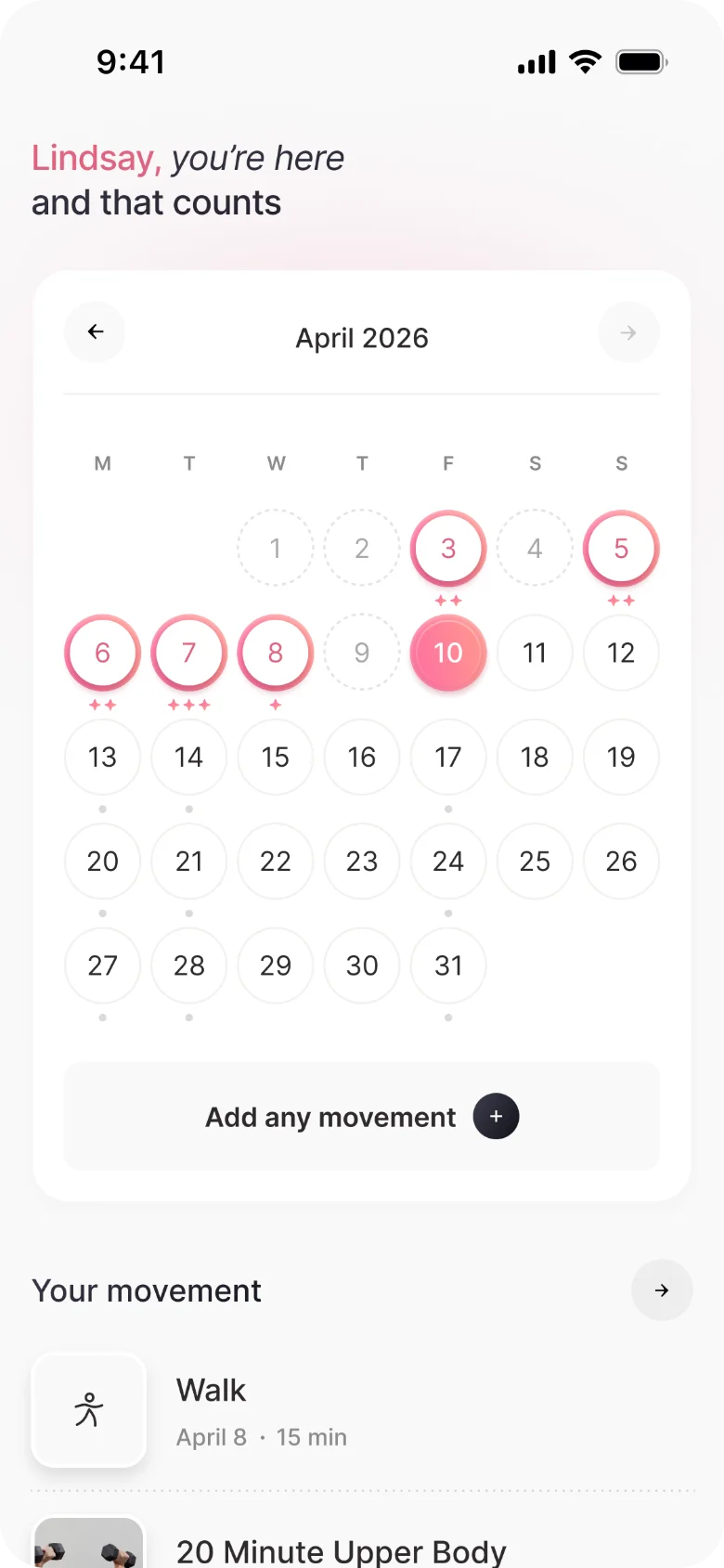 The Choosing Her movement calendar with a 15 minute walk logged